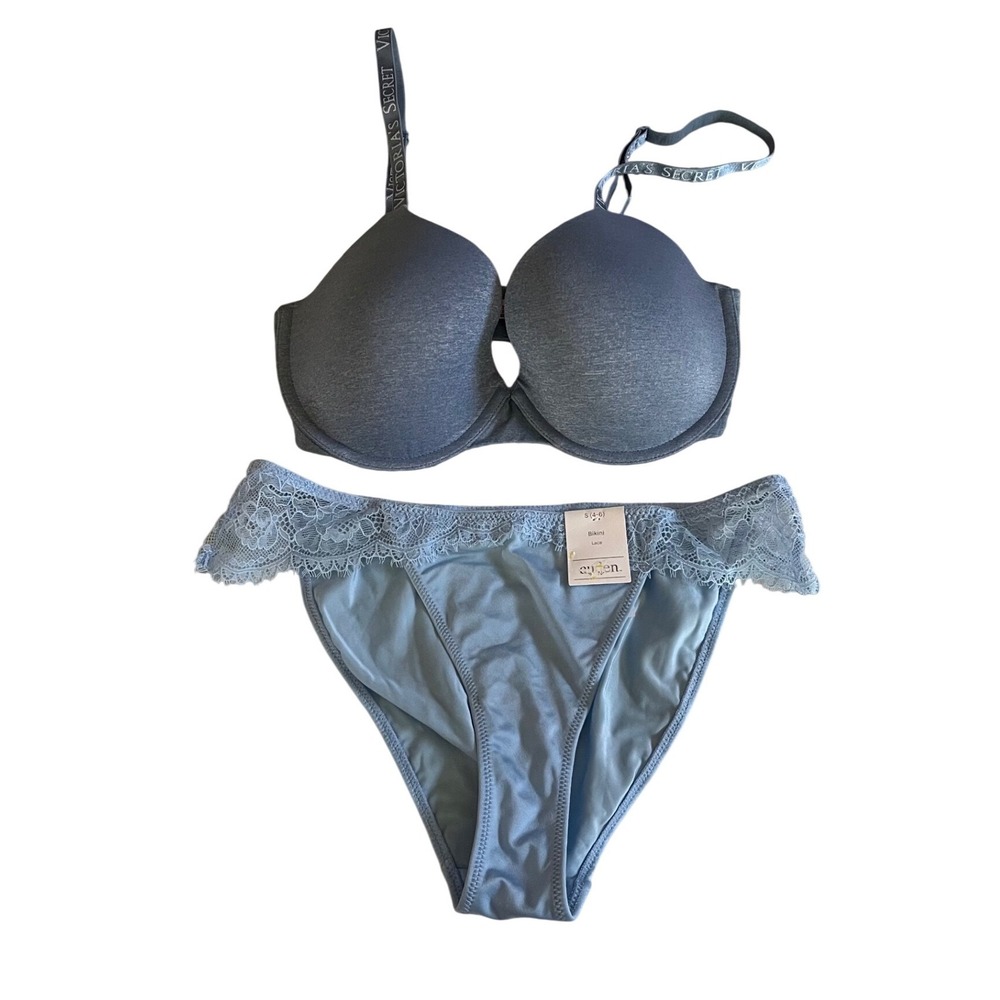 Victoria's Secret 32DD Demi Bra & Auden Small Lace Bikini Panty Set Blue Heather